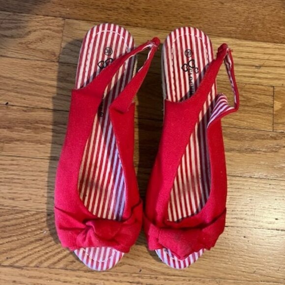 Red Candy Stripe Wedge Sandals - Picture 3 of 4